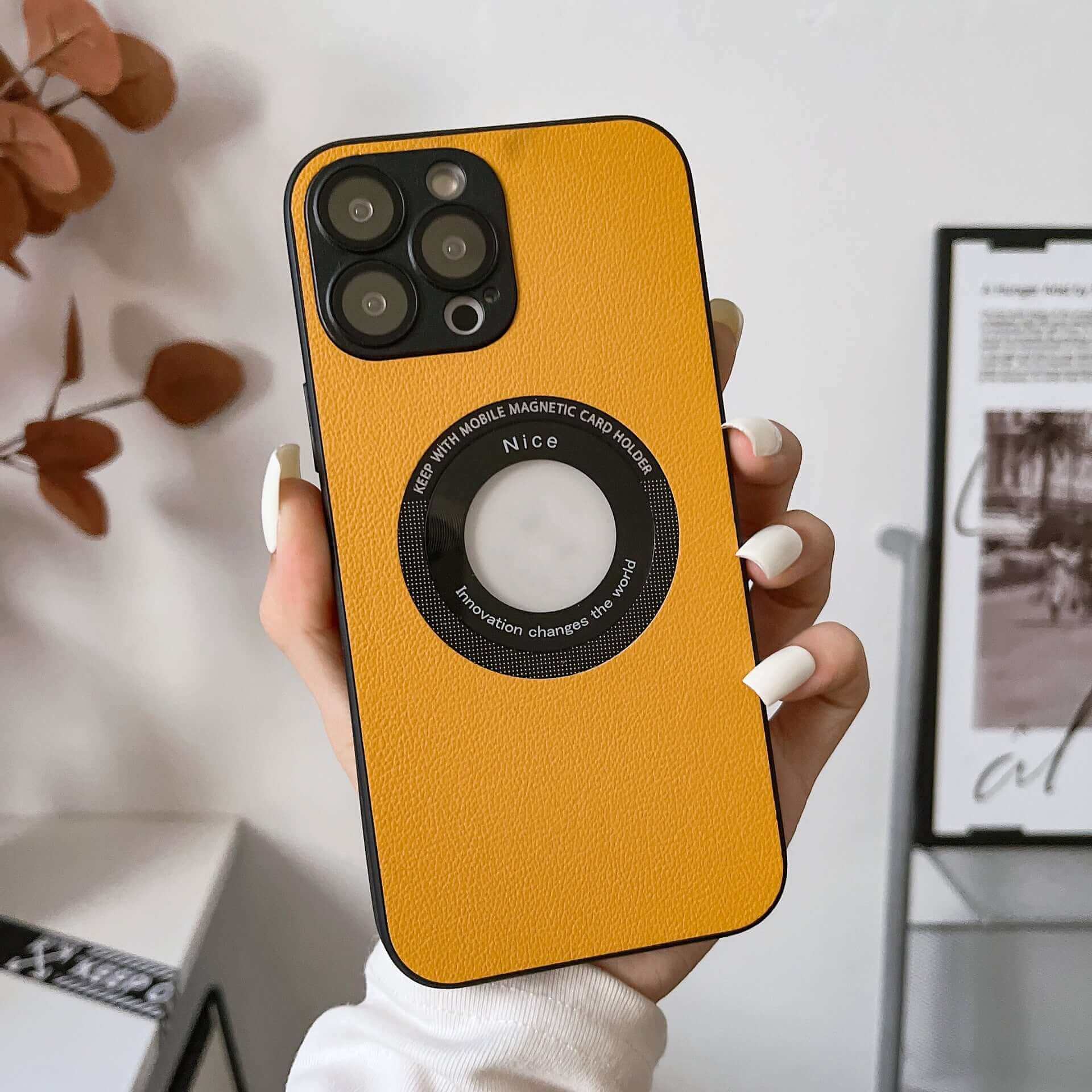 Yellow litchi grain leather phone case for iPhone with magnetic feature and stylish design.