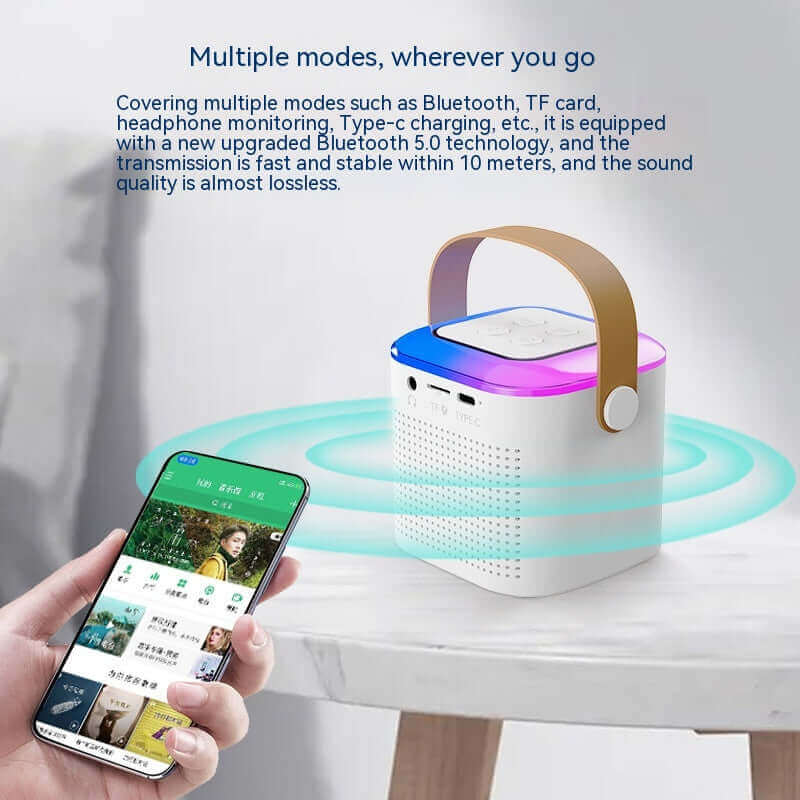 Portable Bluetooth speaker with multiple modes, TF card support, and fast wireless connectivity shown with a smartphone.