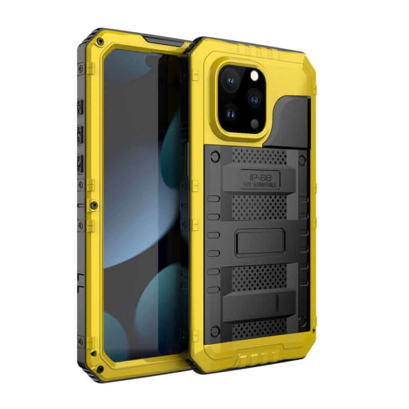 Durable yellow metal mobile phone protective cover, shockproof and anti-wear, compatible with iPhone models.