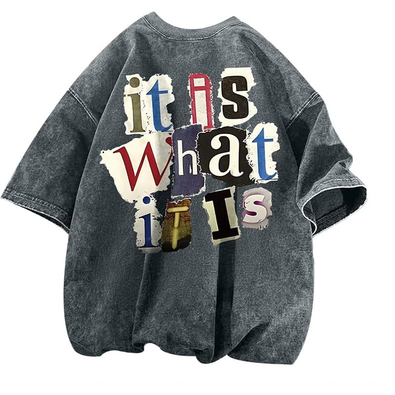 Mens Letter-Print Vintage Oversized T-Shirt