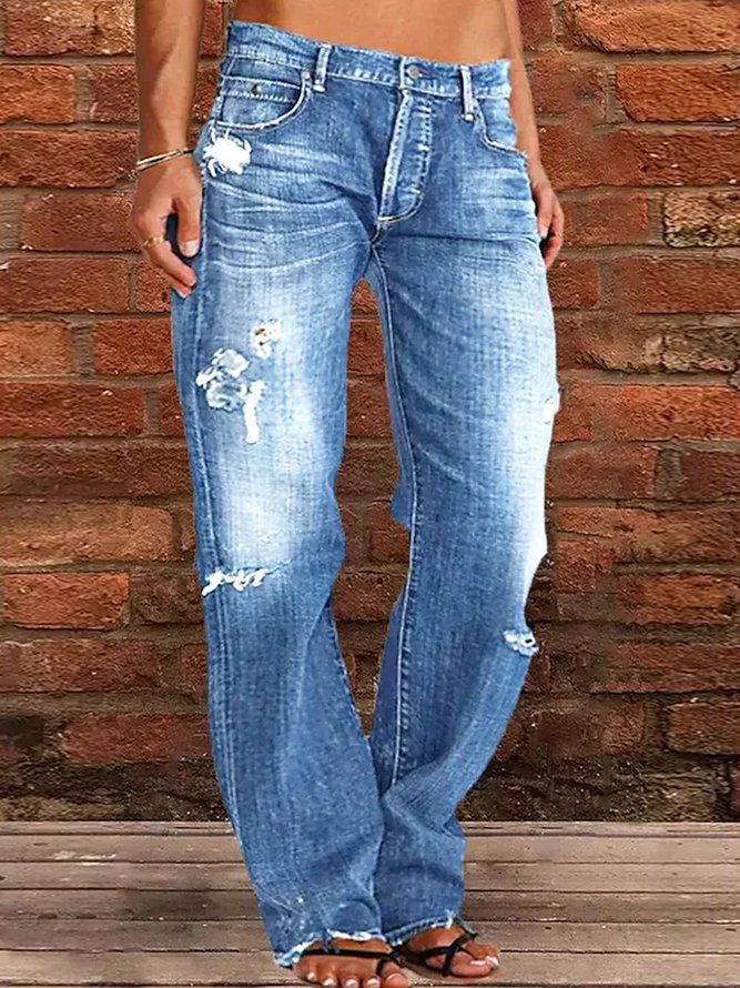 Ripped Jeans Loose Wide Leg Denim Pants Leisure Commuting Trousers Women's Clothing