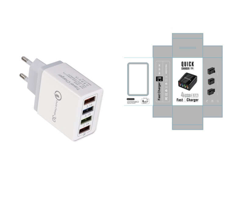 USB charger with 4 ports, quick charge 3.0, portable wall adapter for fast charging devices.