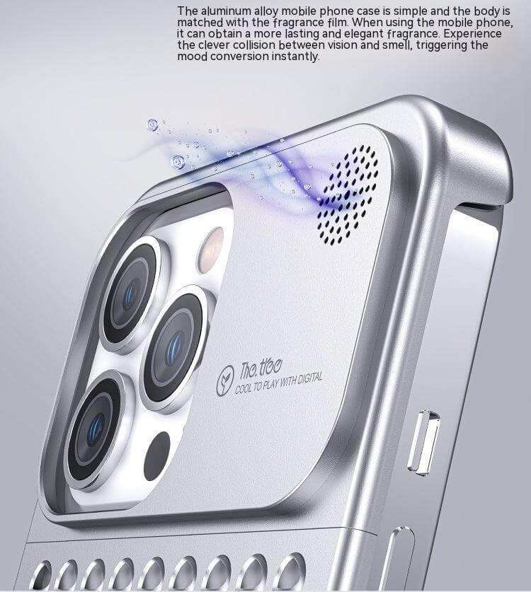 Aluminum alloy phone case with fragrance feature, showcasing shockproof design and heat dissipation for iPhone models.