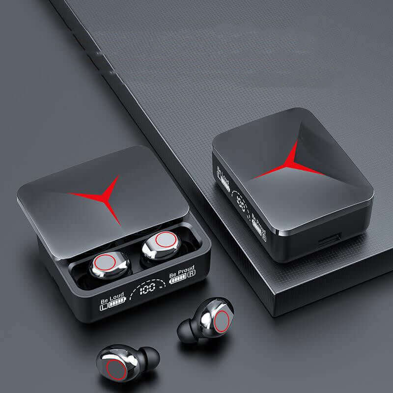 Bluetooth headset in charging case with earbuds, featuring sleek black design and red accents, ideal for gaming.