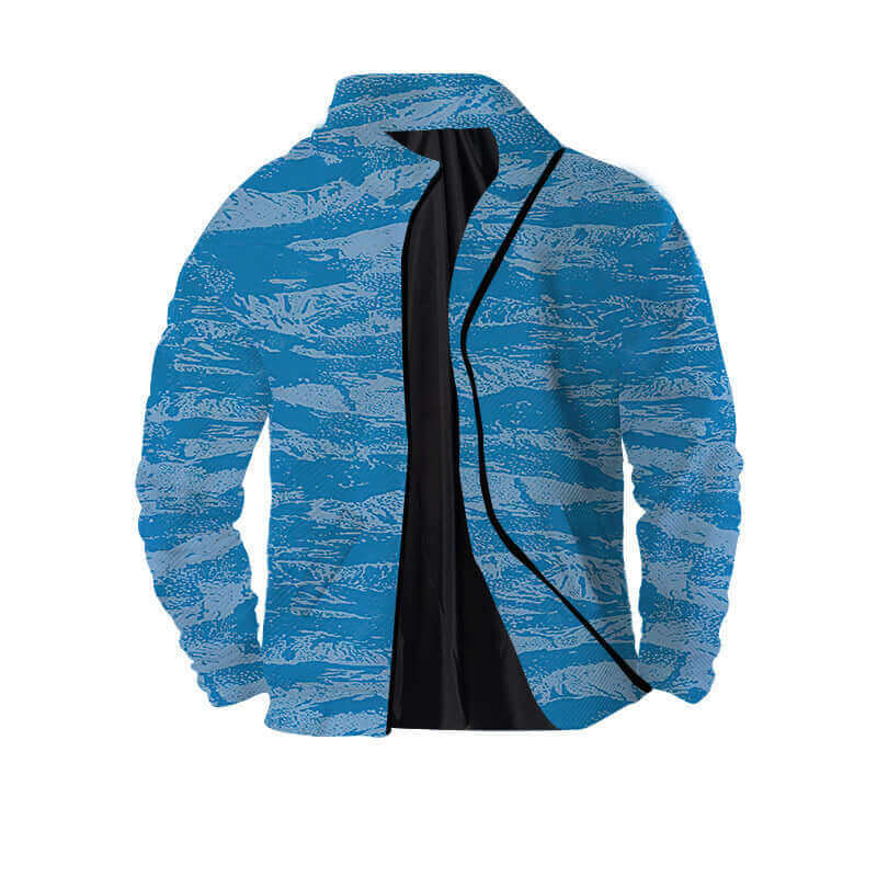 Men's blue twill 3D zipper jacket with solid color pattern and regular sleeves.