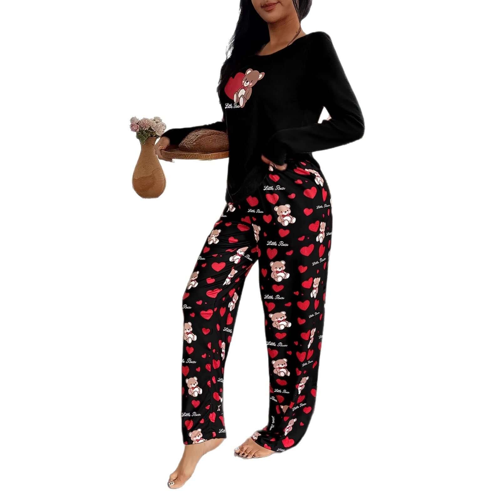 Womens Crew - Neck Bear And Heart Print Long - Sleeve Pajama Set With Long Pants - DBMP (Electronics And More Store)