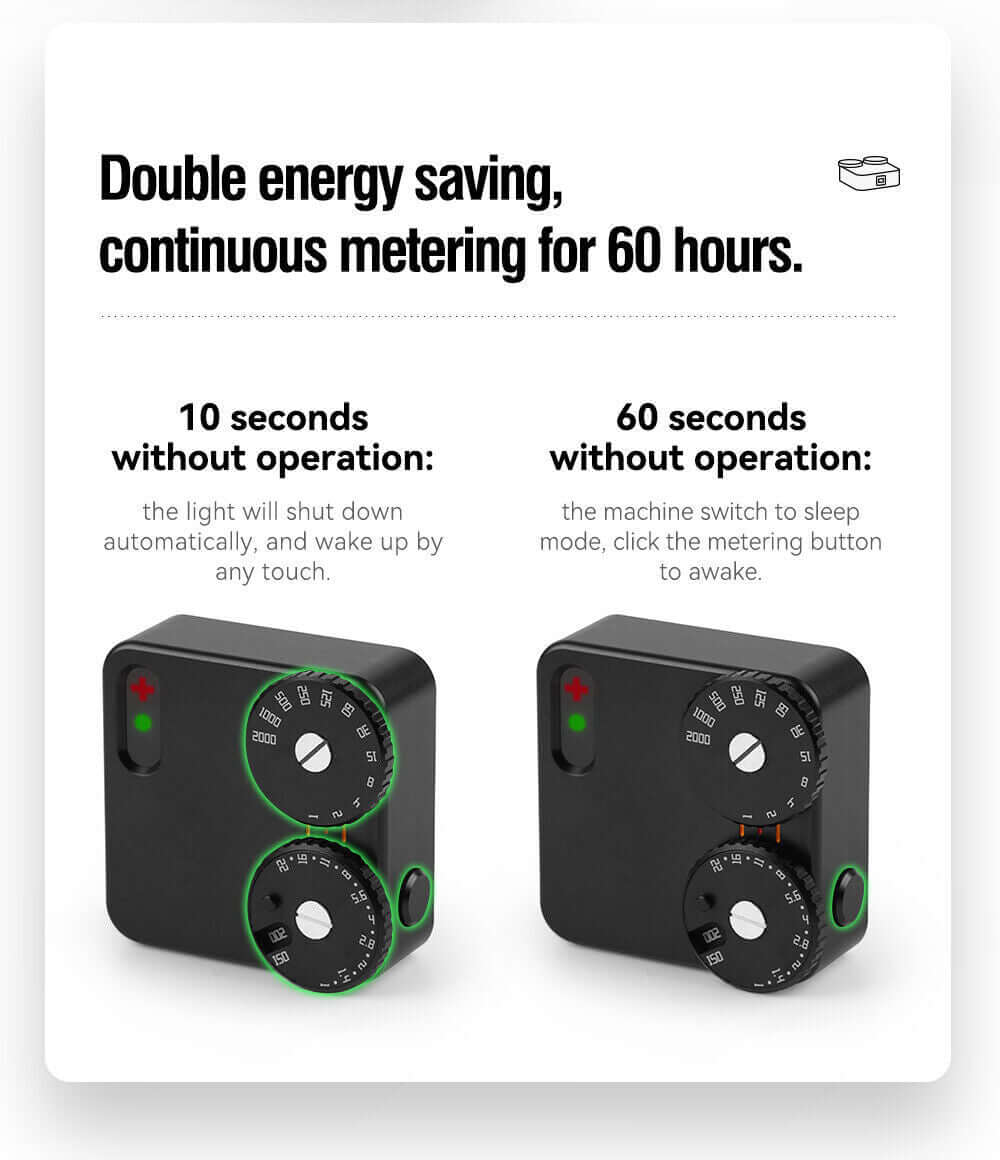 Energy-saving device showcasing continuous metering features and automatic sleep mode for enhanced efficiency.