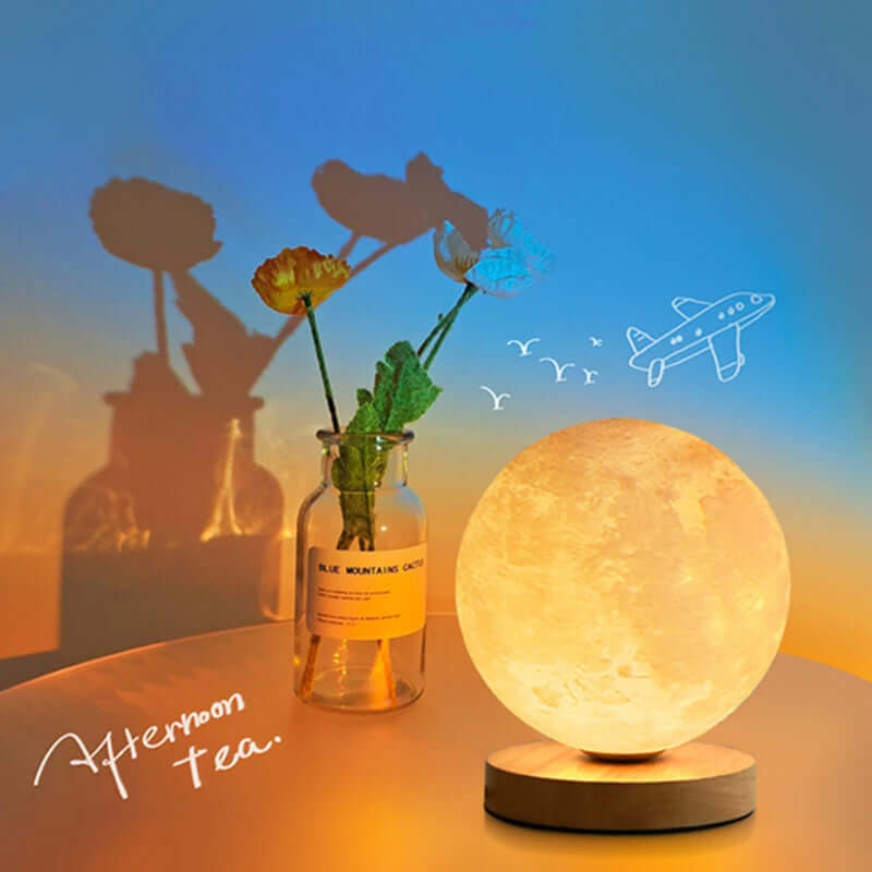 Creative moon lamp casting shadows with flowers in a bottle, perfect for home decor and ambiance.