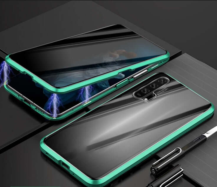 Anti-peep magnetic phone case with tempered glass for protection, featuring a sleek design and vibrant green accents.