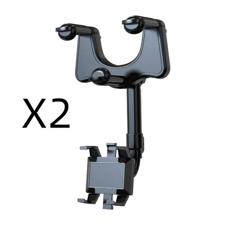 Black rotatable rearview mirror phone holder for car, compatible with all mobile devices.
