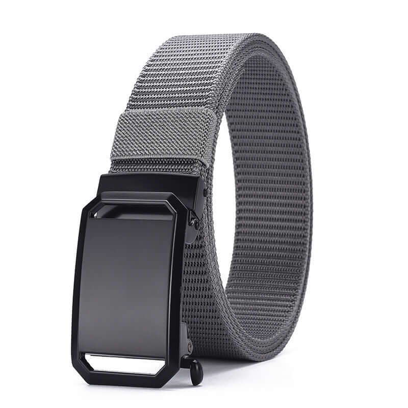Men's gray canvas belt with toothless automatic buckle, featuring a sleek black iron buckle design.