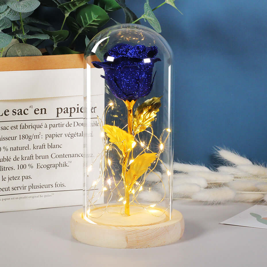 Eternal rose flower in glass cover with LED lights for Valentine's Day gift, wedding decoration, and indoor decor.