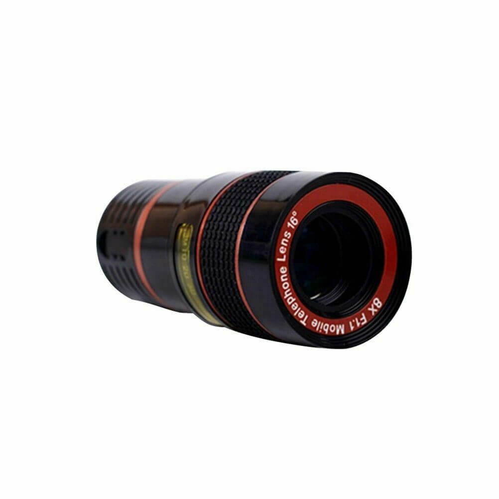 HD 8X clip-on optical zoom telescope lens for mobile phones, featuring a durable black design.