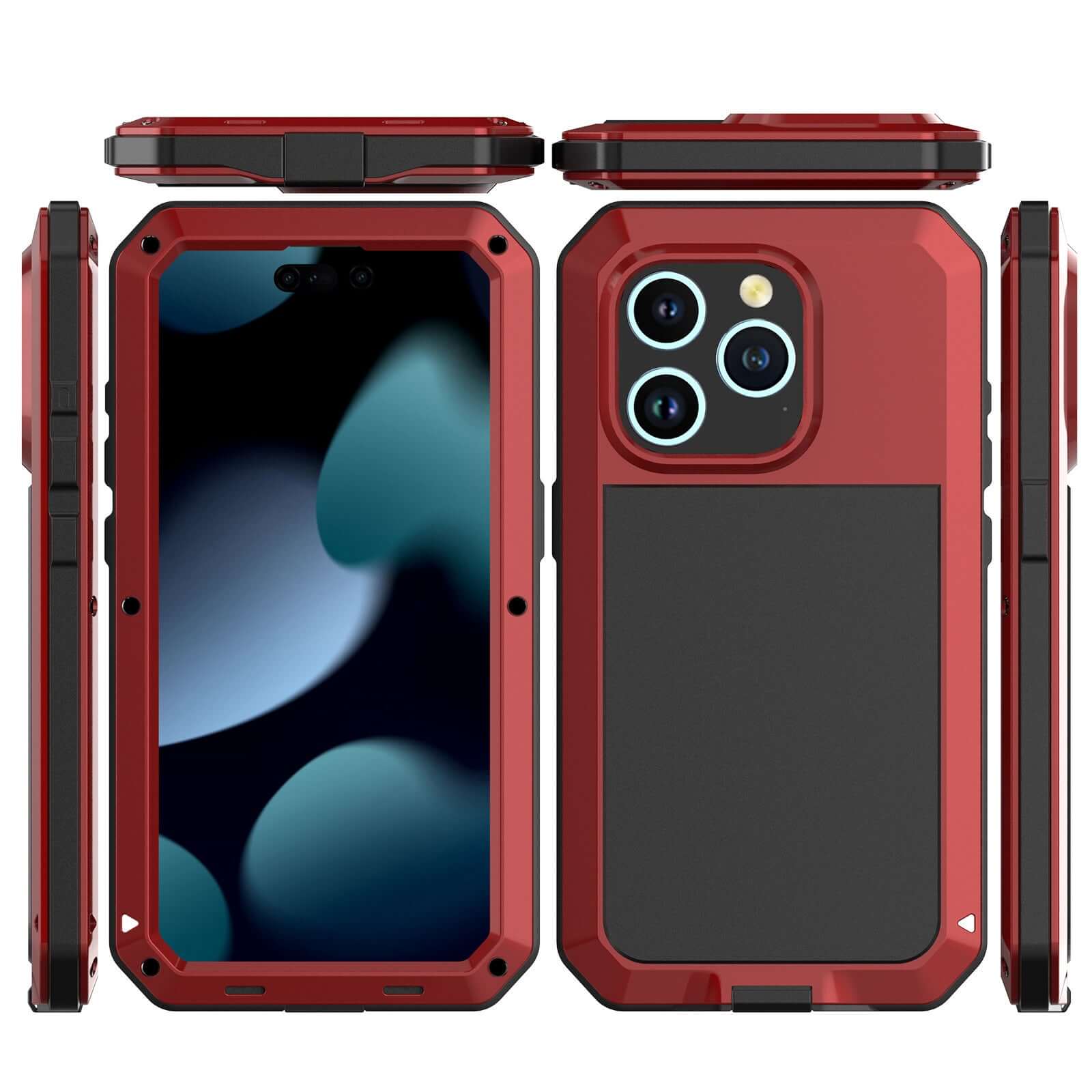 Metal three-proof phone case in red, featuring a shockproof design and waterproof protective cover for Apple devices.