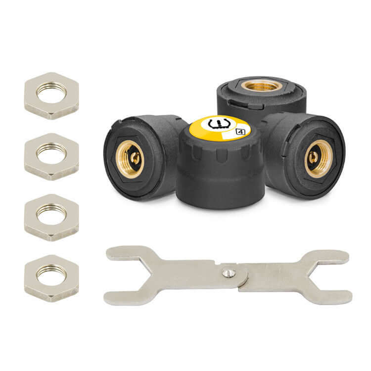 External tire pressure monitor components including three-way connector, four nuts, and a wrench for installation.