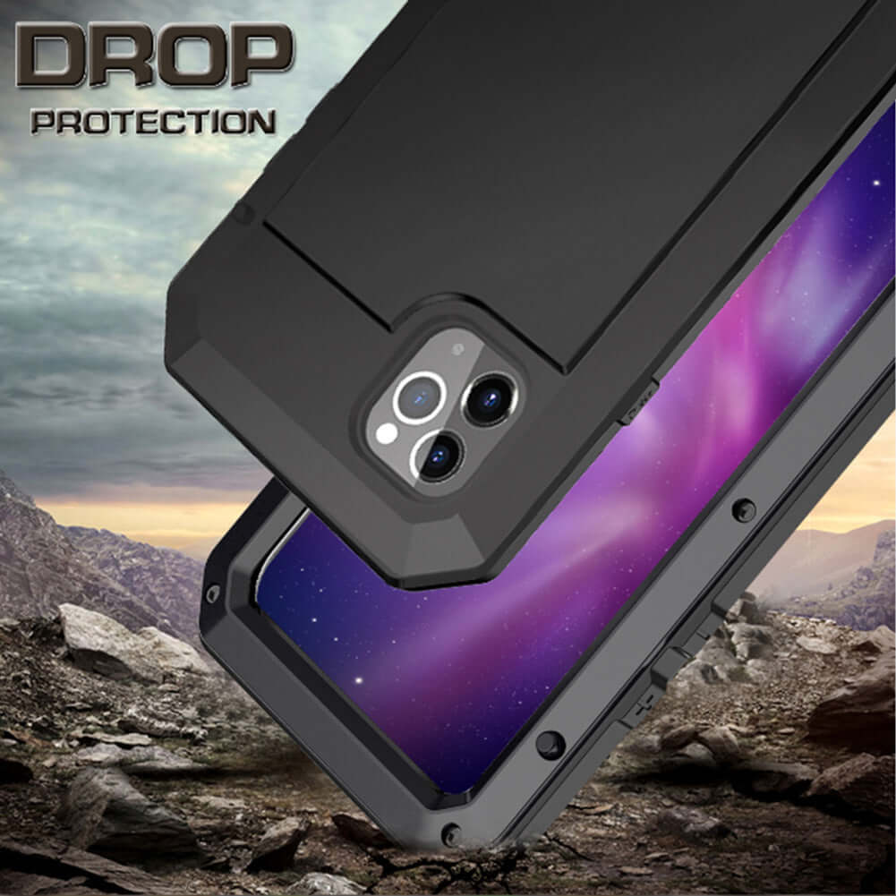 Metal three proof phone case in black showcasing drop protection against shock and waterproof damage.