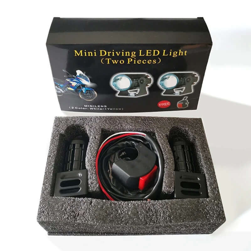 Mini driving LED light kit with two pieces and packaging, designed for motorcycles with yellow and white lens options.