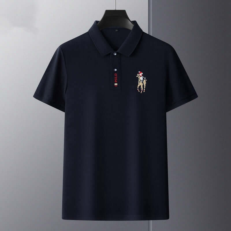 Summer men’s lapel embroidery top in solid navy cotton with short sleeves, perfect for casual and stylish wear.