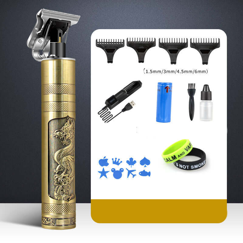 Professional electric hair clipper with dragon design, trimming tools, and accessories for precise grooming.