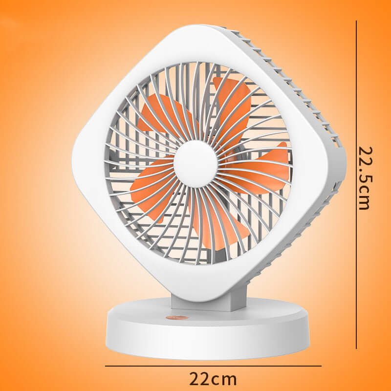 USB desk fan in orange and white, 22.5cm tall, versatile design and built-in battery for efficient cooling.