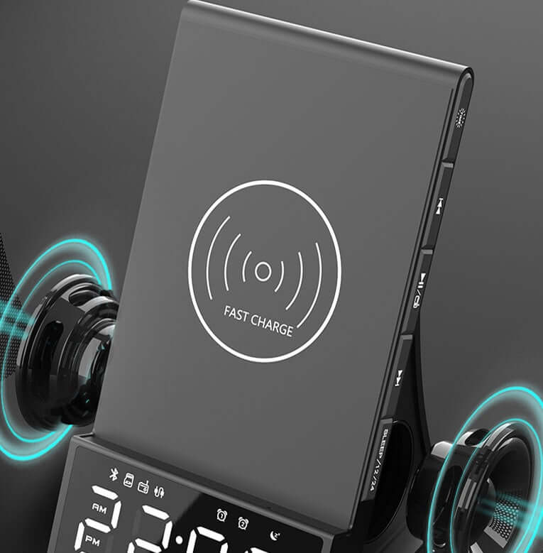 Bluetooth charging alarm clock radio with fast charge feature, FM, alarm functions, and dual speakers.