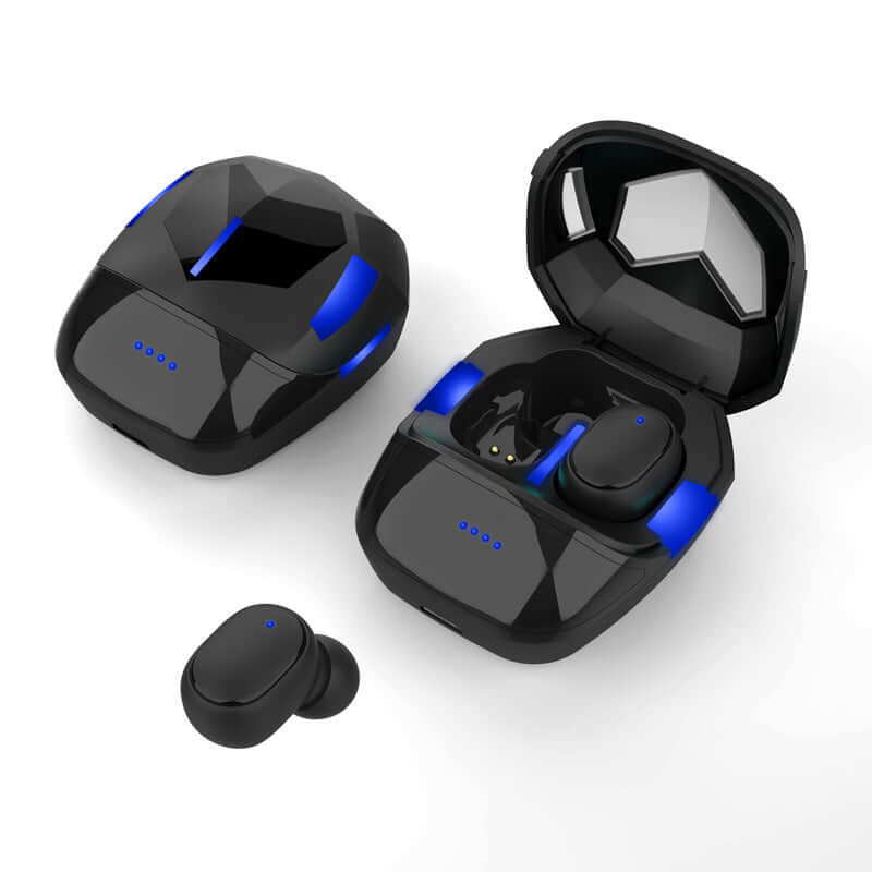 Gaming Bluetooth headset in black with blue accents, featuring charging case and wireless earbuds.
