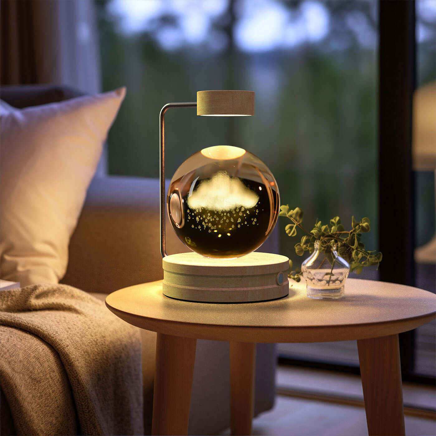 Crystal ball cosmic dinosaur night light on a wooden table, creating a warm and cozy atmosphere in a stylish living room.