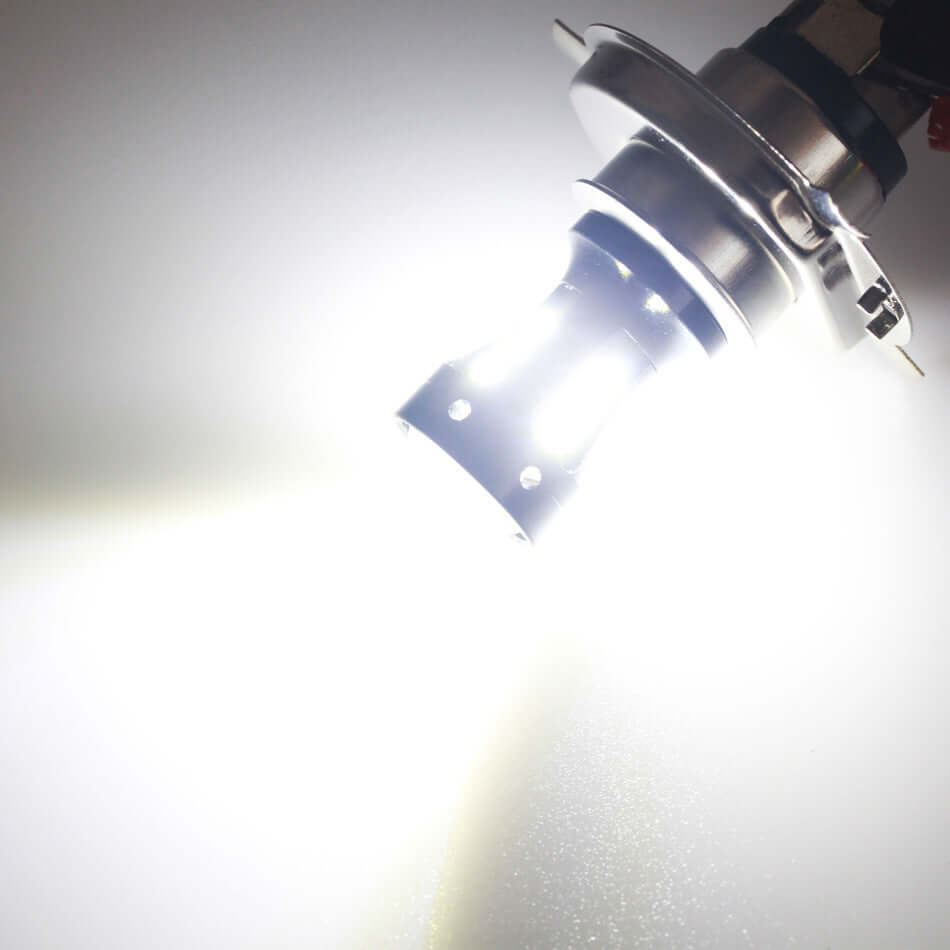 H4 two-tone LED motorcycle headlight showing bright illumination, aluminum body, and lens design.
