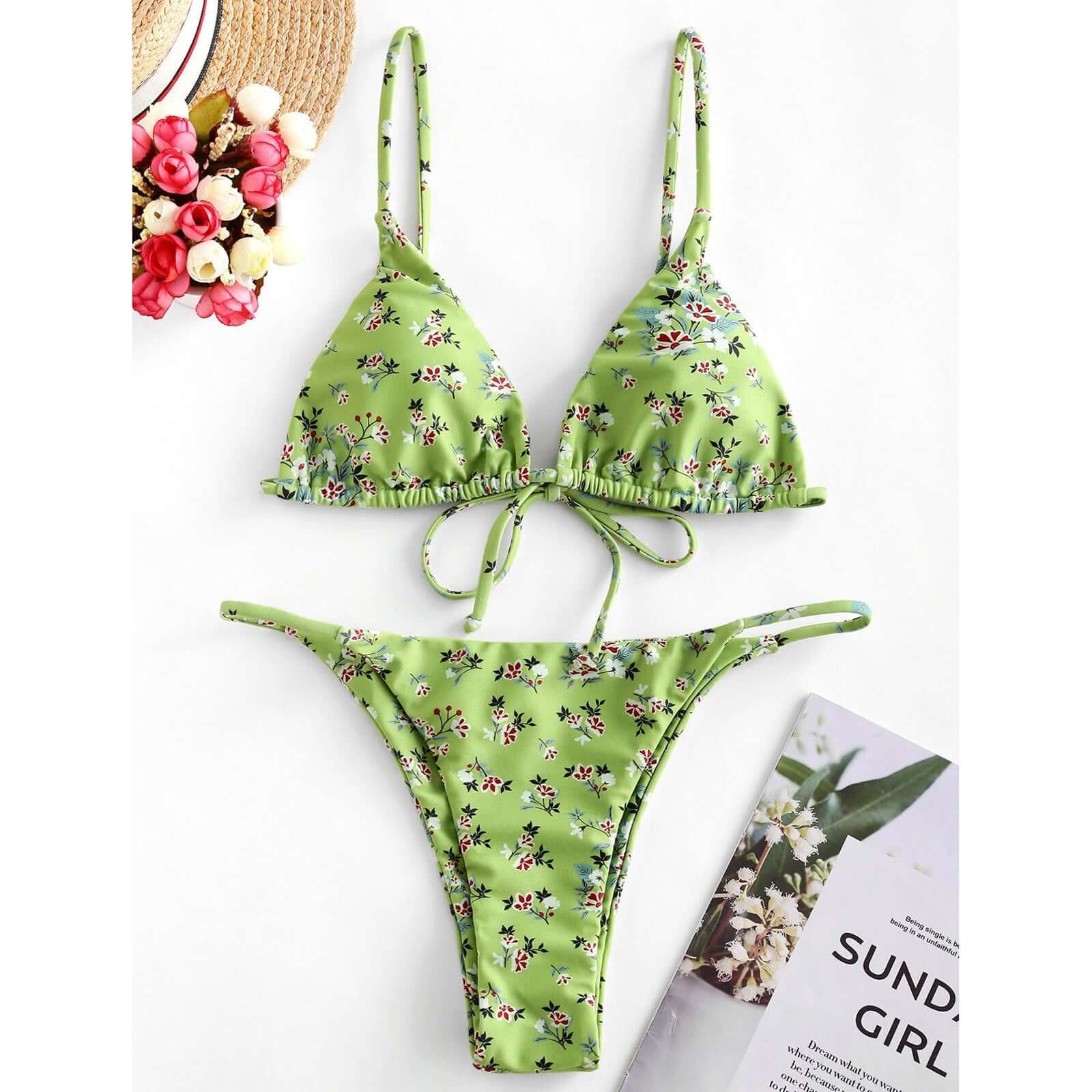 Summer flowers print bikini in green, stylish and sexy beach swimwear for women, perfect for sunny days.