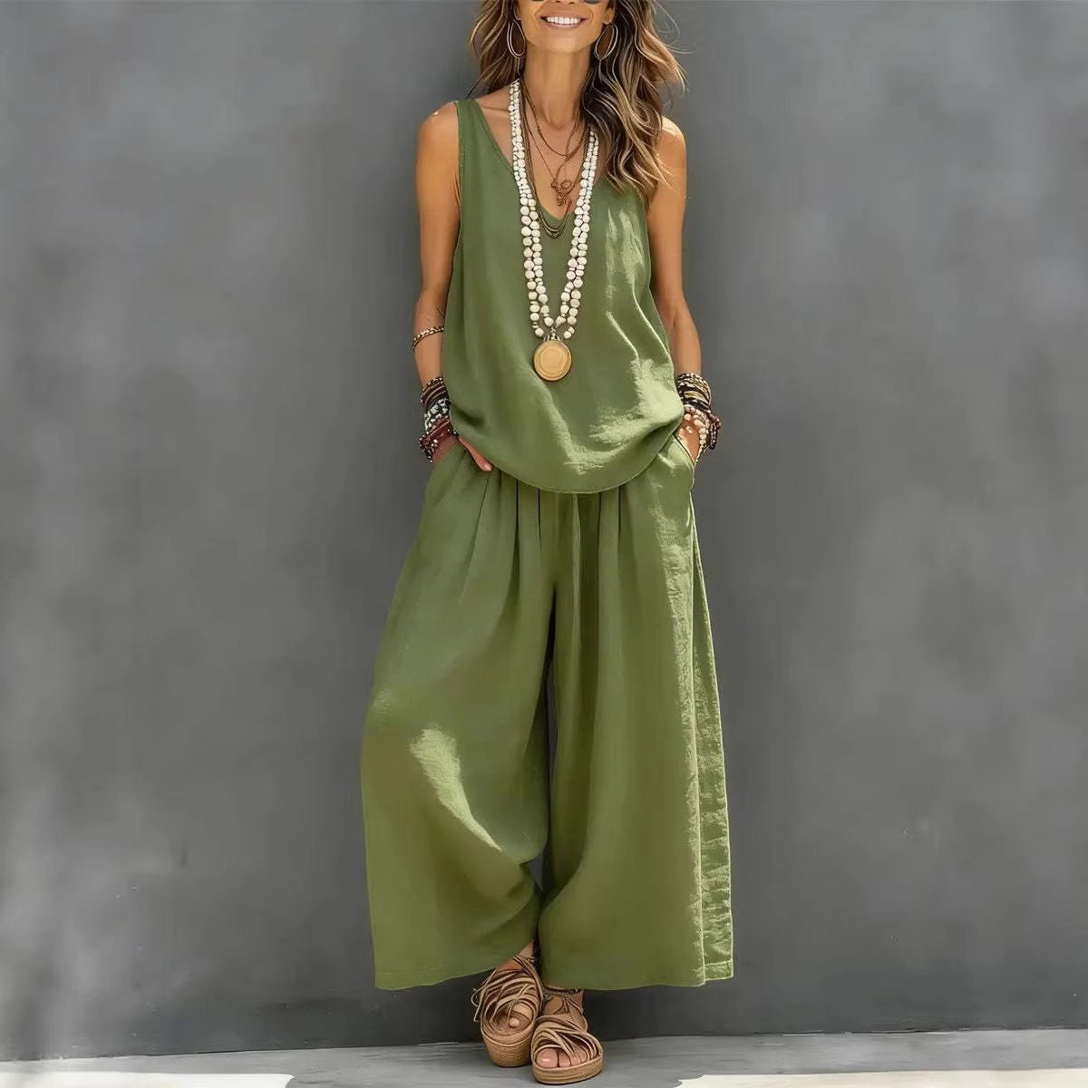 Womens Solid - Colored Casual Sleeveless Tank Top And Wide - Leg Pants Cotton - Linen Set For Daily Wear Holiday Outfit - DBMP (Electronics And More Store)