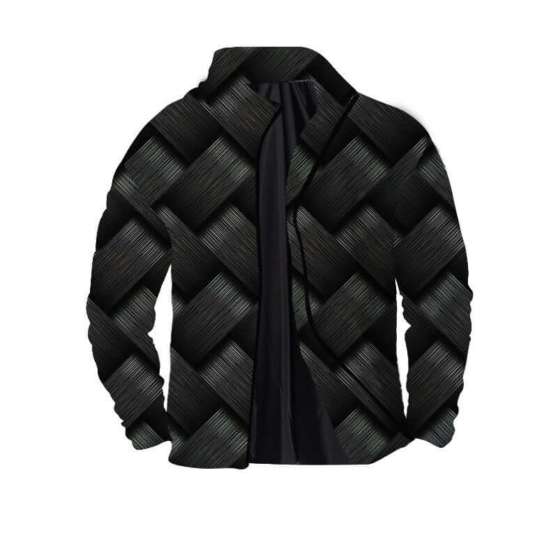 Men's twill jacket with 3D digital printing in a stylish black woven pattern, featuring a zipper and regular sleeves.