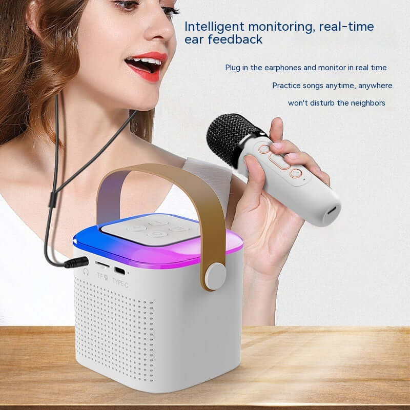 Woman using a microphone karaoke machine with real-time monitoring and feedback, portable Bluetooth speaker for singing anywhere.