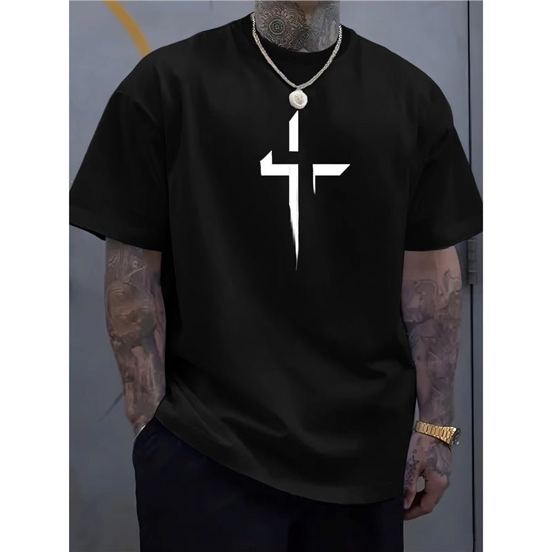 Street-style Mens Casual Loose-fit Cross-print Creative Sports Short-sleeve Top - DBMP Shop