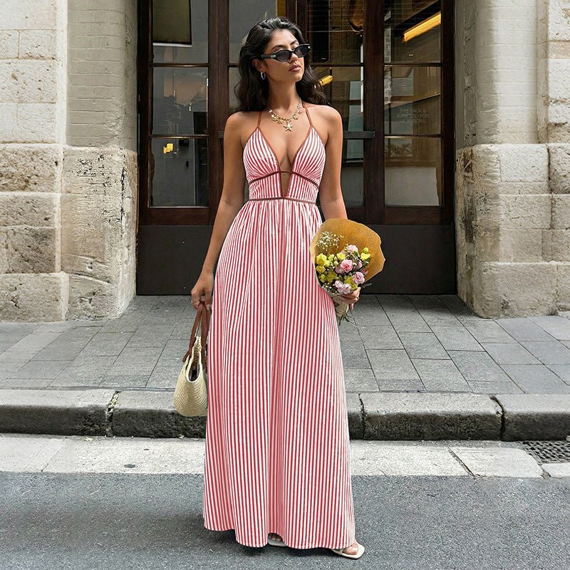 Women's Striped Strappy Dresses Fashion Summer V-Neck Maxi Dress Party Beach Evening Dress Women's Clothing - DBMP Shop