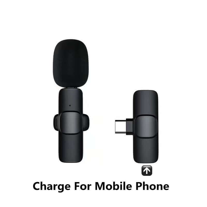 Wireless lavalier microphone with charging port for mobile phones, showcasing portable recording capability.