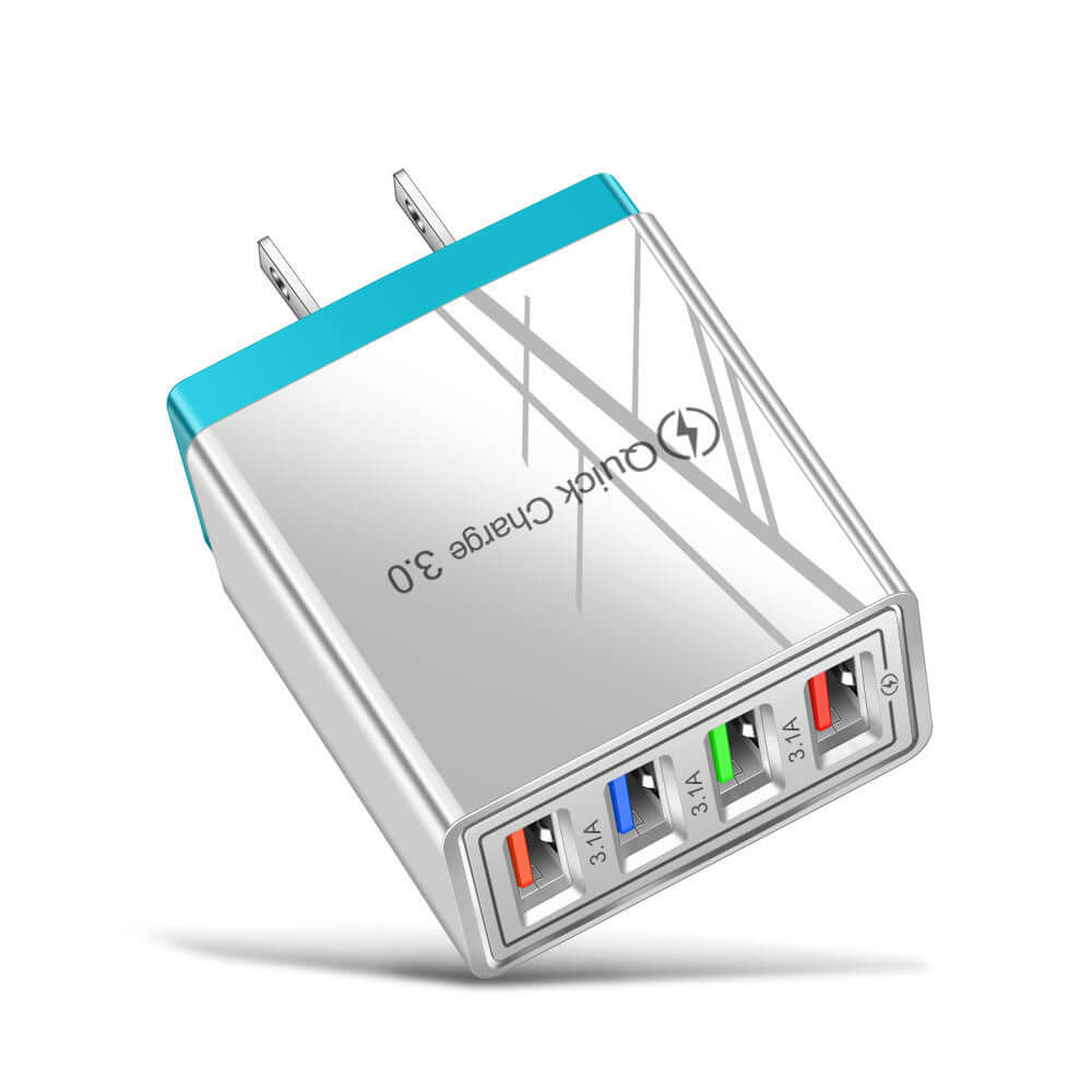USB charger with Quick Charge 3.0, featuring 4 ports for fast charging multiple devices at home or on the go.