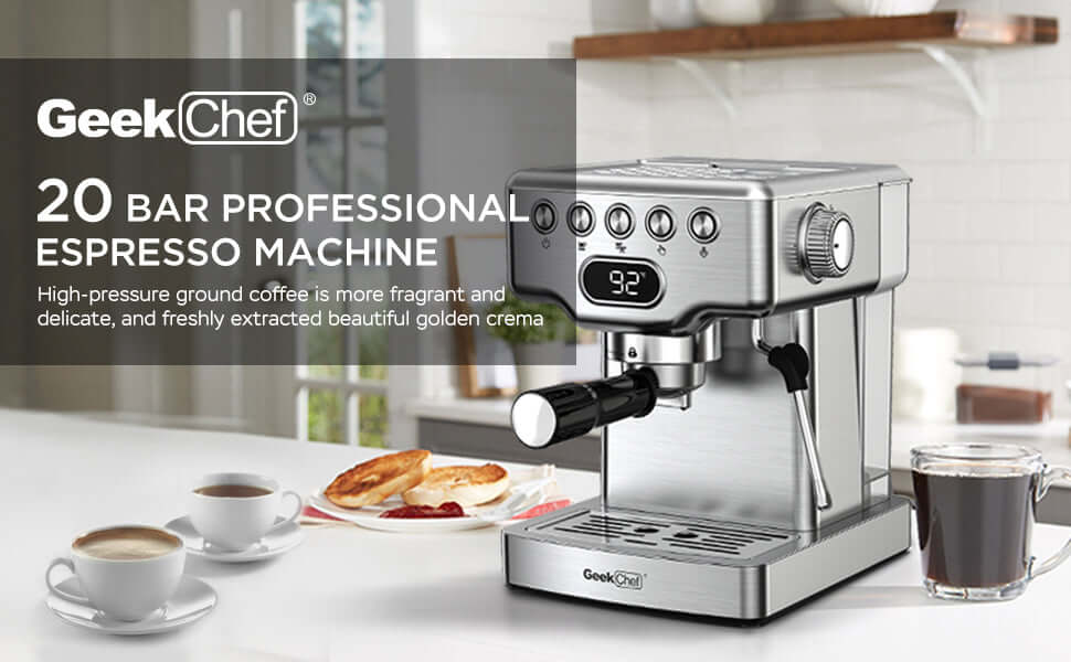 Geek Chef 20 Bar Espresso Machine in stainless steel with milk frother, brewing coffee in a modern kitchen.