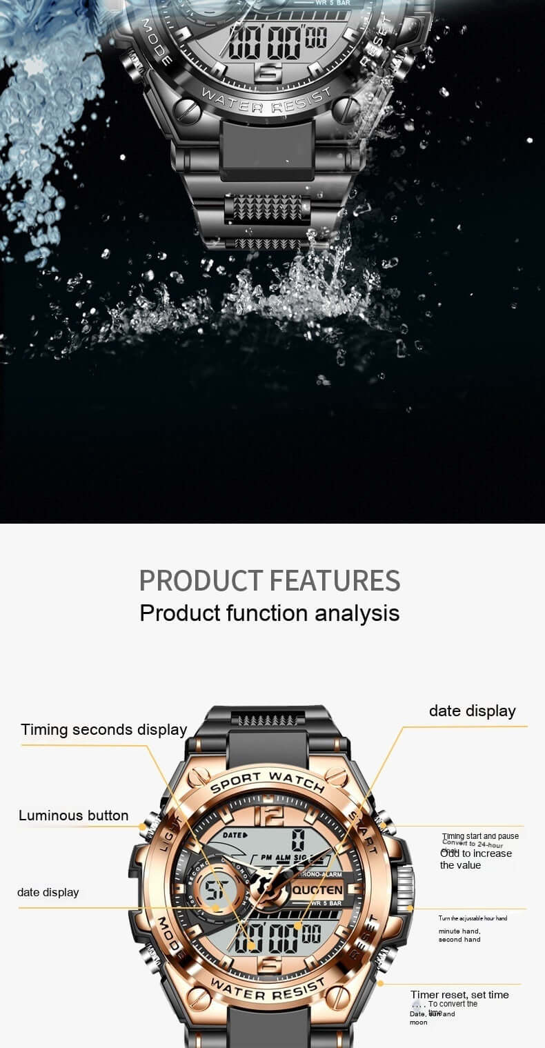 Waterproof sports quartz watch with multifunction features, showcasing gold design and detailed product functions.