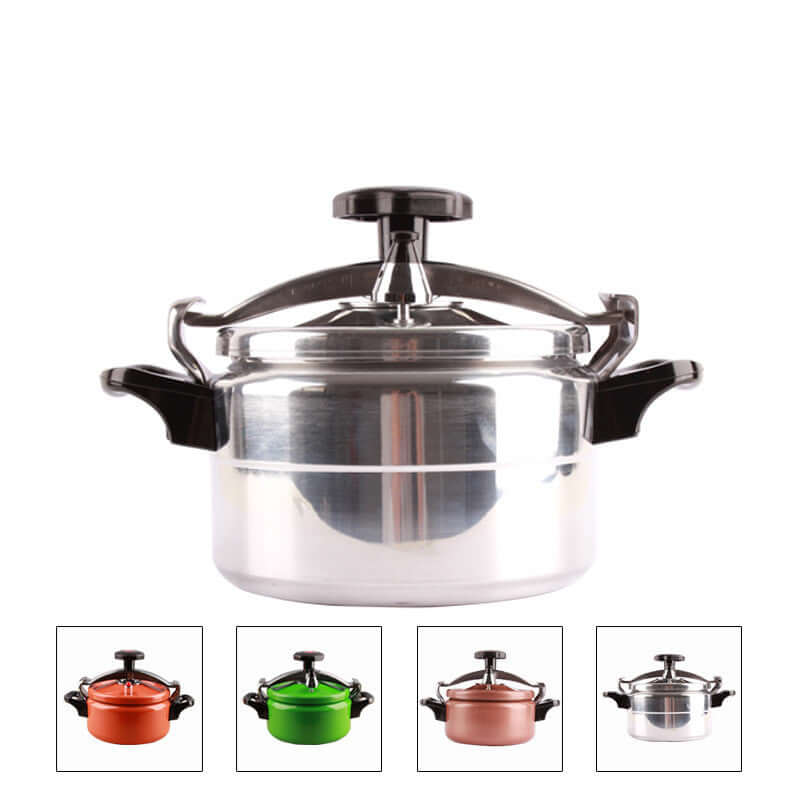 Aluminium pressure cooker with black handles, featuring orange, green, and copper versions.