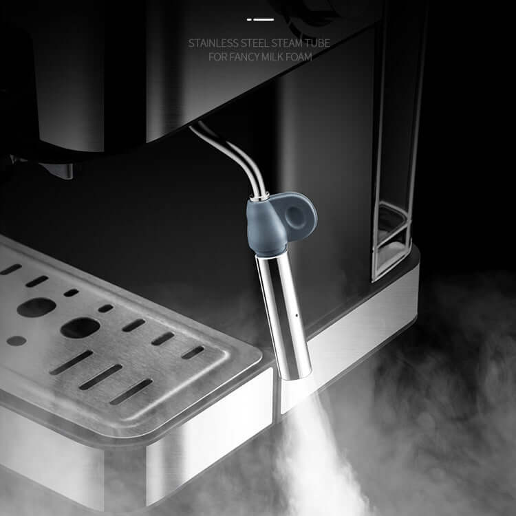 Stainless steel steam tube of home espresso machine, designed for creating creamy milk foam.