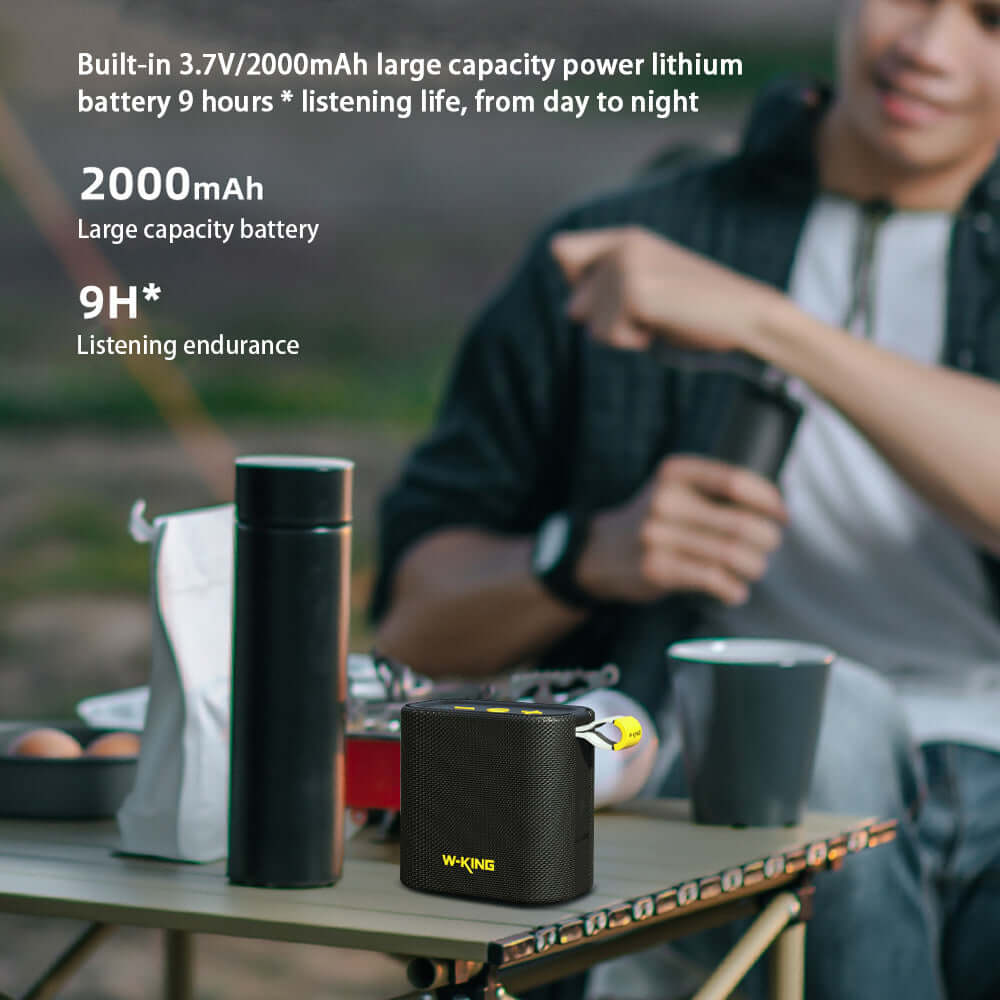 Compact Bluetooth speaker with 2000mAh battery for 9 hours of listening endurance outdoors.