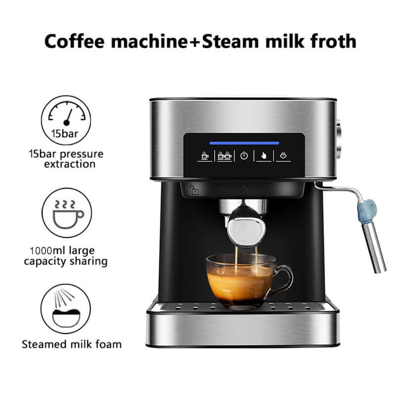 Home Smart Espresso Machine with Steam Milk Frother, 15bar pressure, 1000ml capacity for perfect coffee.