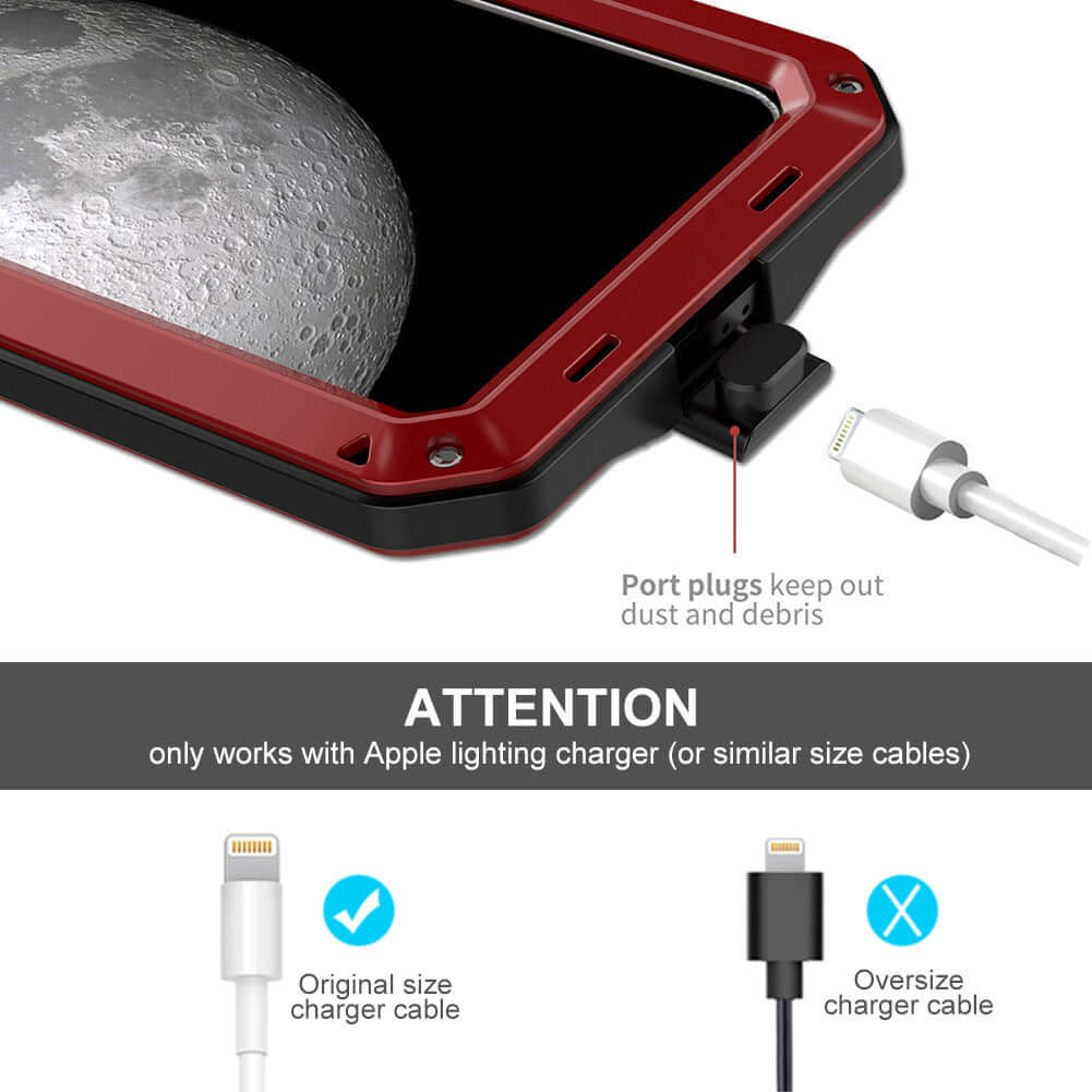 Metal three proof phone case in red showing charger port, designed for Apple lighting charger with dust-proof plugs.