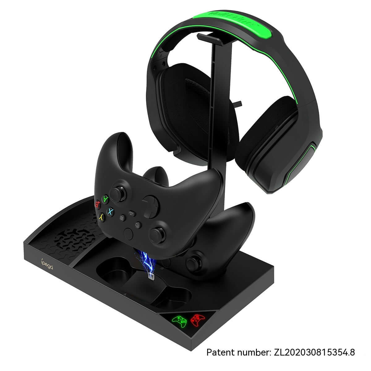 Xbox Series S gamepad dual battery charger with earphone rack for organized gaming accessories.