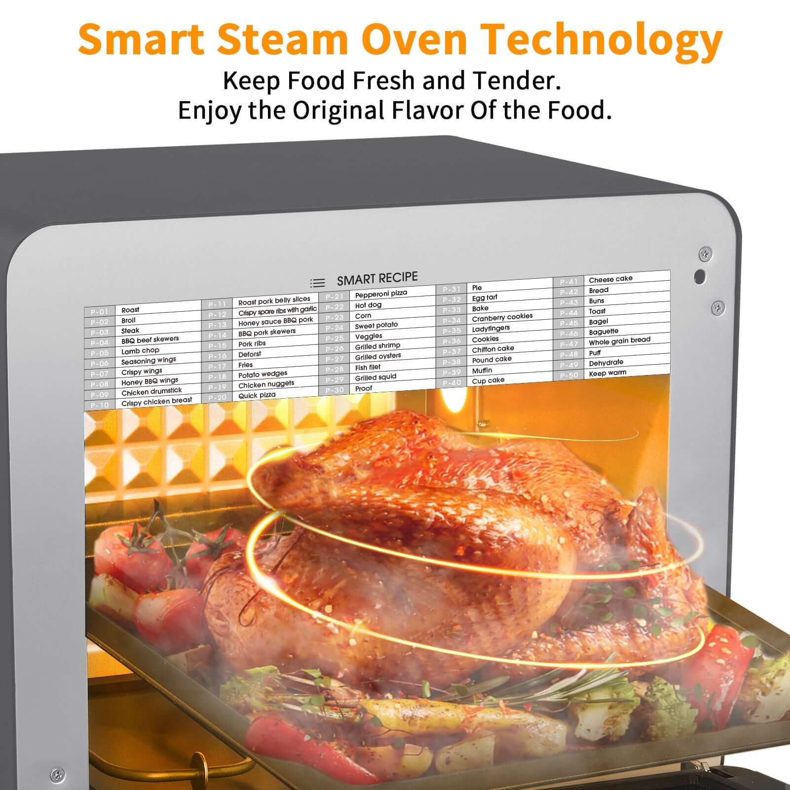 Smart steam oven technology showcasing a roasted chicken with vegetables, emphasizing fresh and tender food.