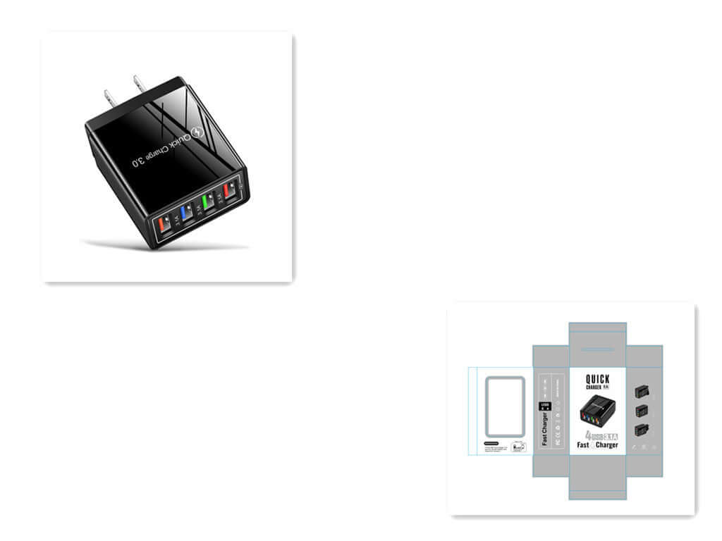 USB Charger Quick Charge 3.0 with 4 ports for fast charging smartphones and tablets, portable wall adapter design.