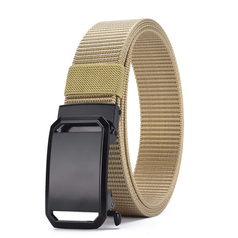 Men's automatic buckle canvas belt in khaki, featuring a sleek quadrilateral buckle design.