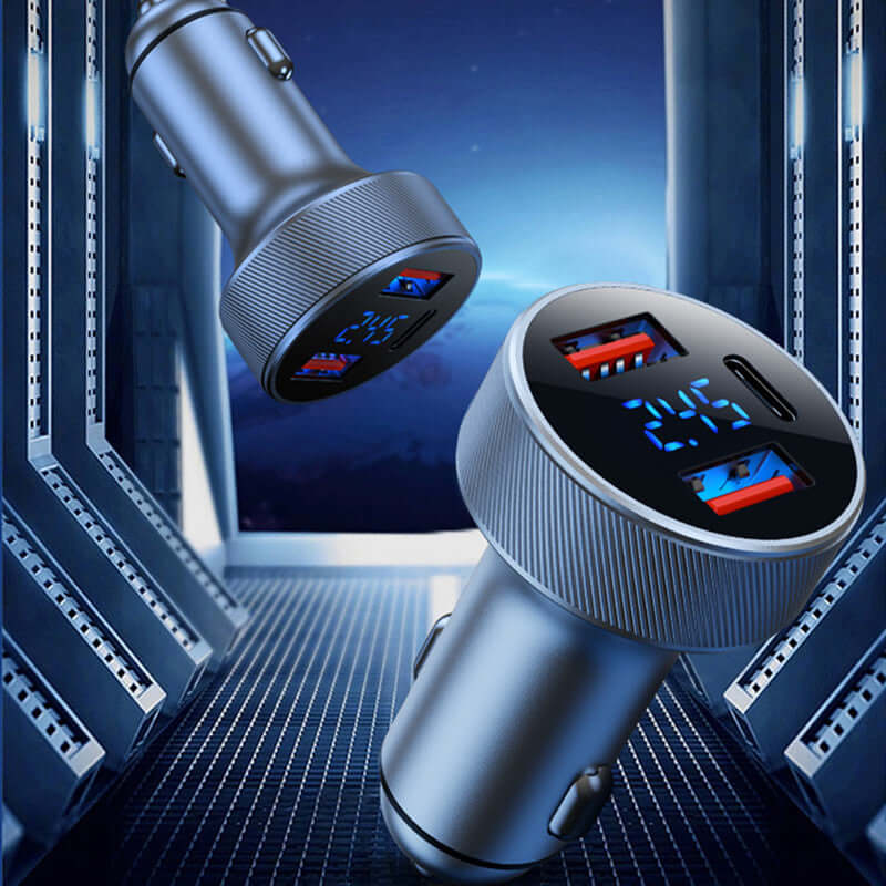 Multifunction car charger 54W with digital display, USB ports, and cigarette lighter for multiple devices.