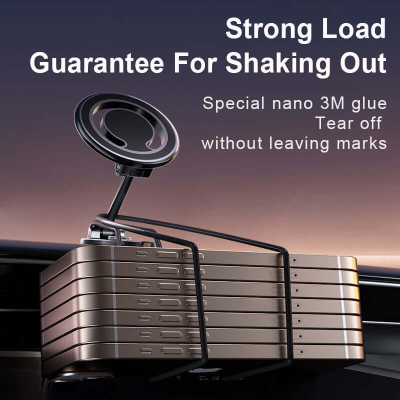 Magnetic phone holder with strong suction and nano 3M glue, ensuring secure attachment without leaving marks.