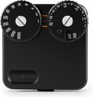 Black camera accessory with dual dials, suitable for Leica rangefinder cameras, made of durable aviation aluminum.